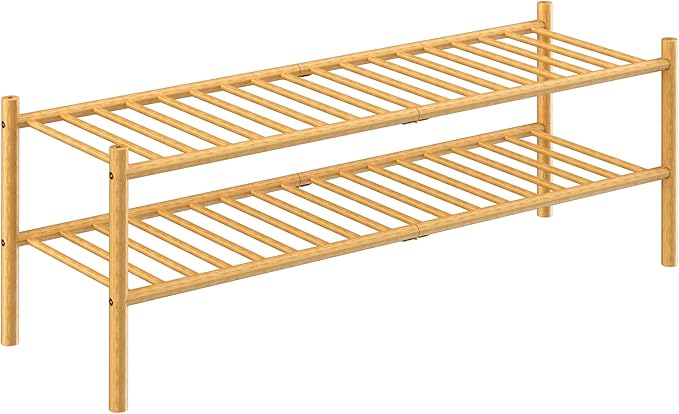ROMGUAR CRAFT 2-Tier Bamboo Long Shoe Rack, Free Standing Wood Shoe Shelf