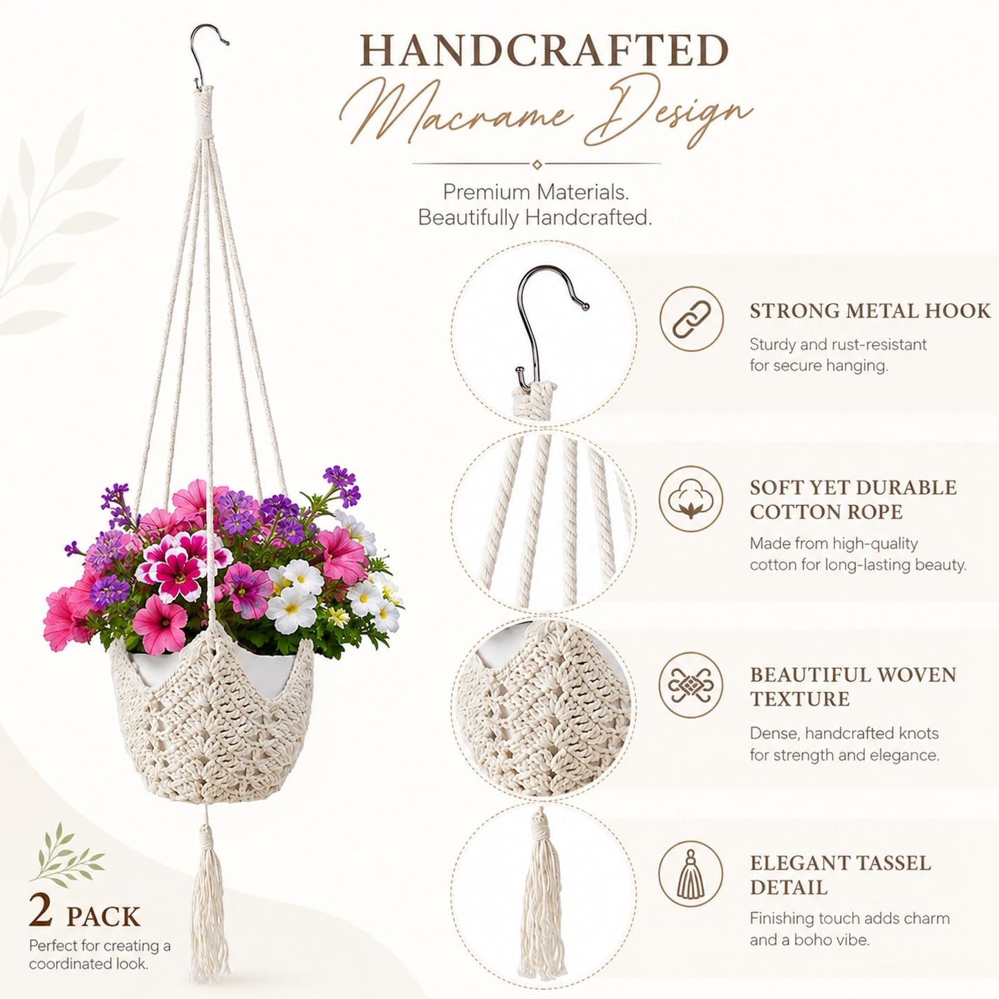 LAGWIUY 40 Inch Macrame Plant Hanger 2 Pack, White Hanging Planters with S-Shaped Hooks for Indoor Outdoor Plants, Home Decor