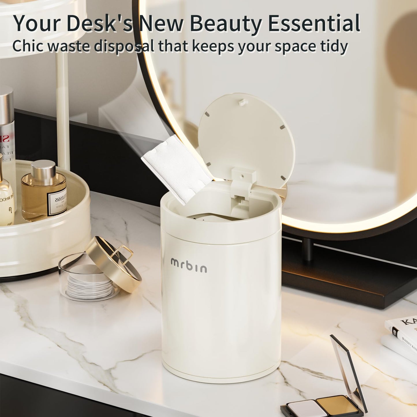 MRBIN Mini Desktop Trash Can with Press Lid, 1.5L/0.4Gal Cylindrical Stainless Steel Tabletop Garbage Bin, Cream White, Anti-Fingerprint, Small Waste Basket for Desk, Vanity, Office, Bedroom