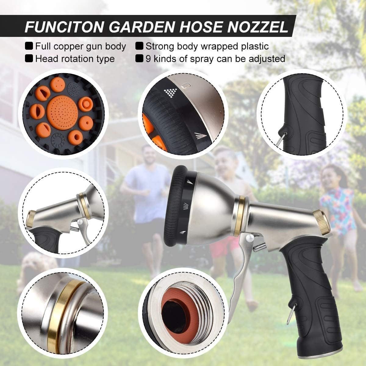 Garden Hose Nozzles 9 Adjustable Patterns Hose Spray Nozzle Heavy Duty Metal Hose Nozzle Spray Slip Resistant Water Sprayer for Cleaning/Watering Lawn Garden/Pets Shower/Car Washing (Orange)