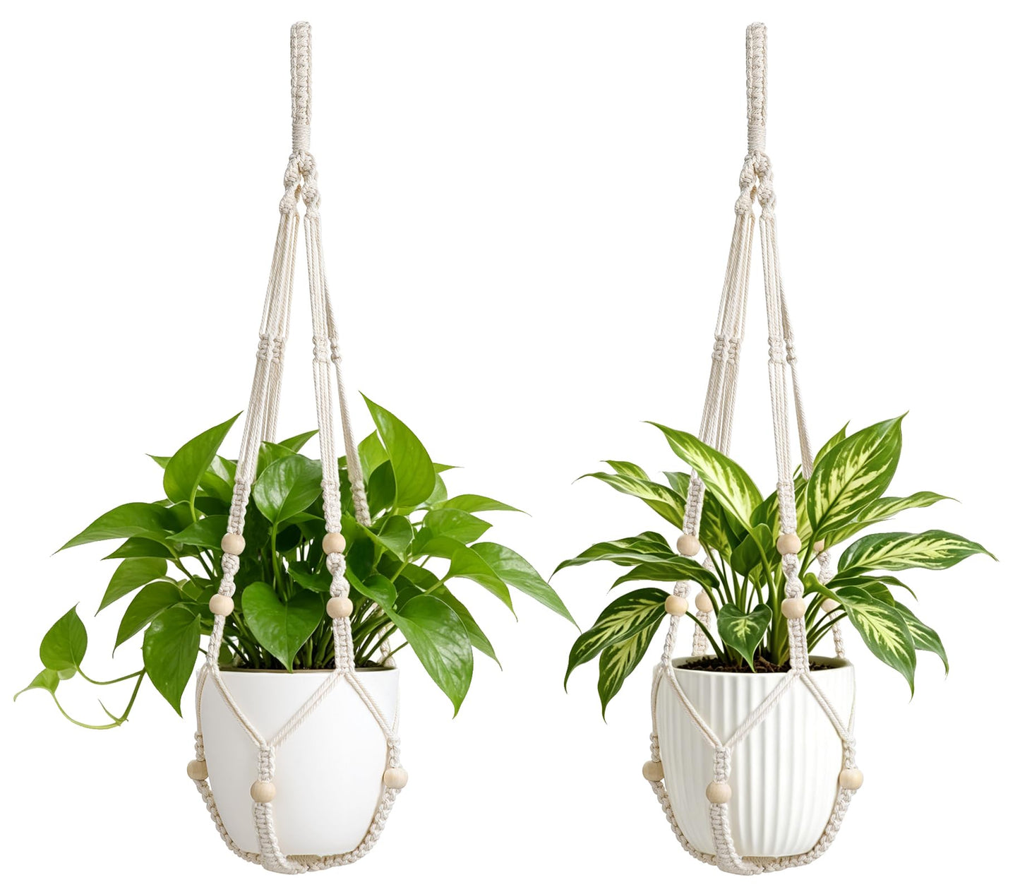 Mkono 2 Pack Macrame Plant Hanger Indoor Hanging Planter Basket with Wood Beads Decorative Flower Pot Holder No Tassels for Indoor Outdoor Boho Home Decor 29 Inch (POTS NOT Included)