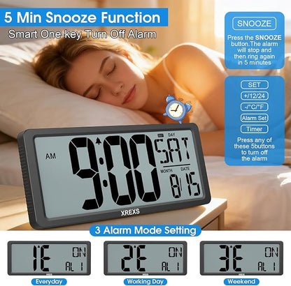 XREXS Large Digital Wall Clock, Battery Operated Alarm Clocks for Bedroom Home Decor, Count Up & Down Timer, 14.17 Inch Large LCD Screen with Time/Calendar/Temperature Display (Batteries Included)