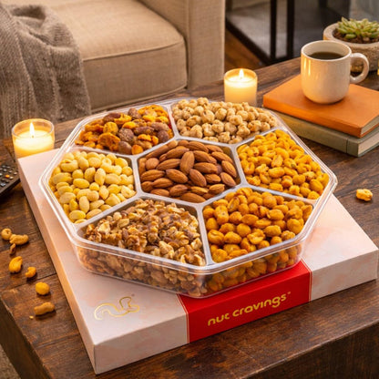 NUT CRAVINGS - Mixed Nuts Gift Basket in Red Gold Classic Box (7 Assortments, 1 LB) Treats for Adults, Food Arrangement, Healthy Snack Care Package, Kosher