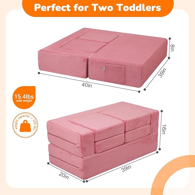MeMoreCool Pink Corduroy Kids Play Couch, Modular Toddler Couch