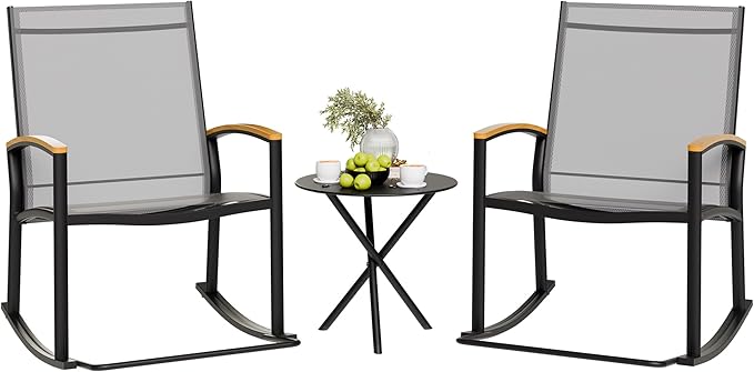 Shintenchi 3 Piece Outdoor Rocking Bistro Set, Textilene Fabric Small Patio