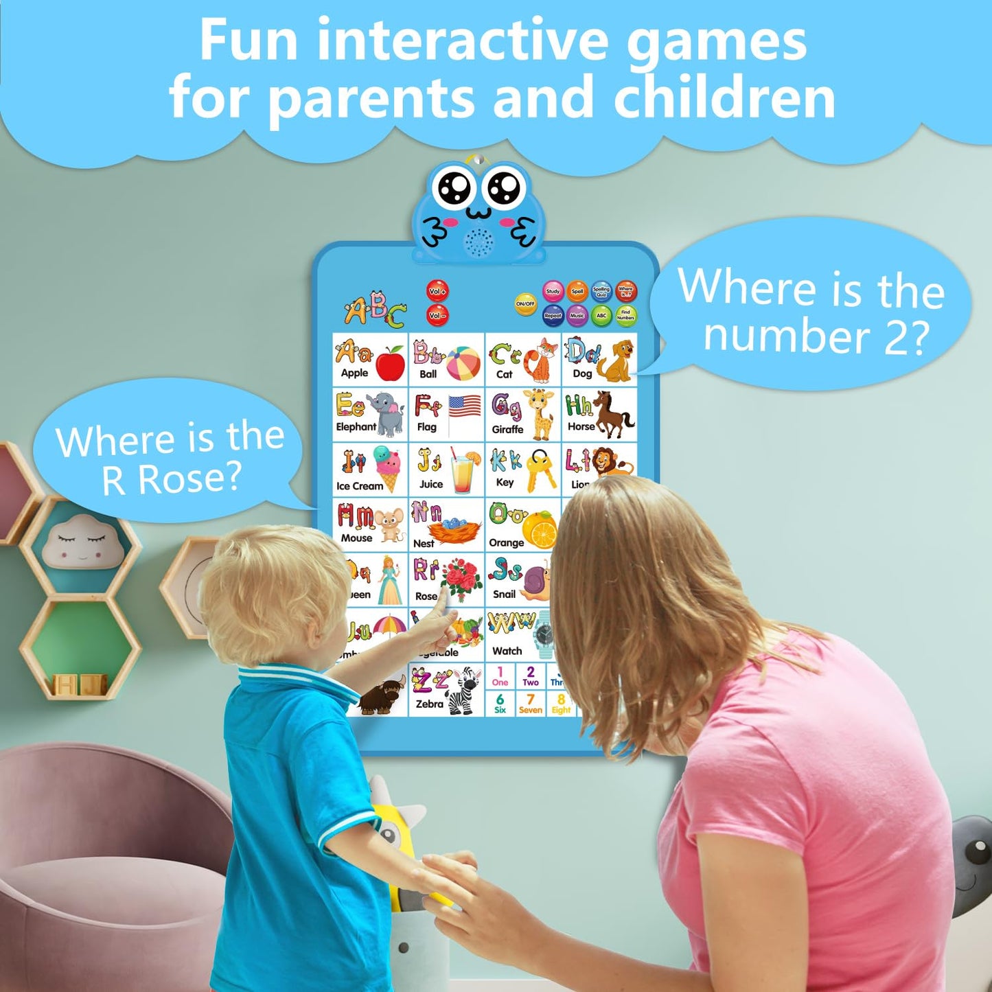 Educational Alphabet Wall Chart: Learning Poster with Music ABCs 123s Talking Games - Interactive Activity Toy Birthday Gift for Toddlers Preschool Kids Ages 3 4 5 Years Old Classroom Room Decor(Blue)