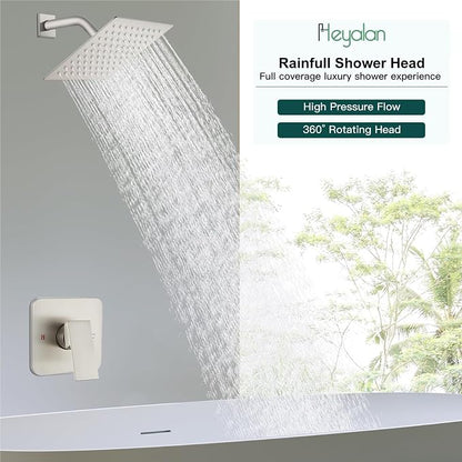 Heyalan Shower Faucet Set with Valve, Bathroom Rainfall Shower System, Wall Mount Single Handle Shower Trim Kit, Rainfall Fixed Shower Head, 8 Inch Square Shower Head,Brushed Nickel