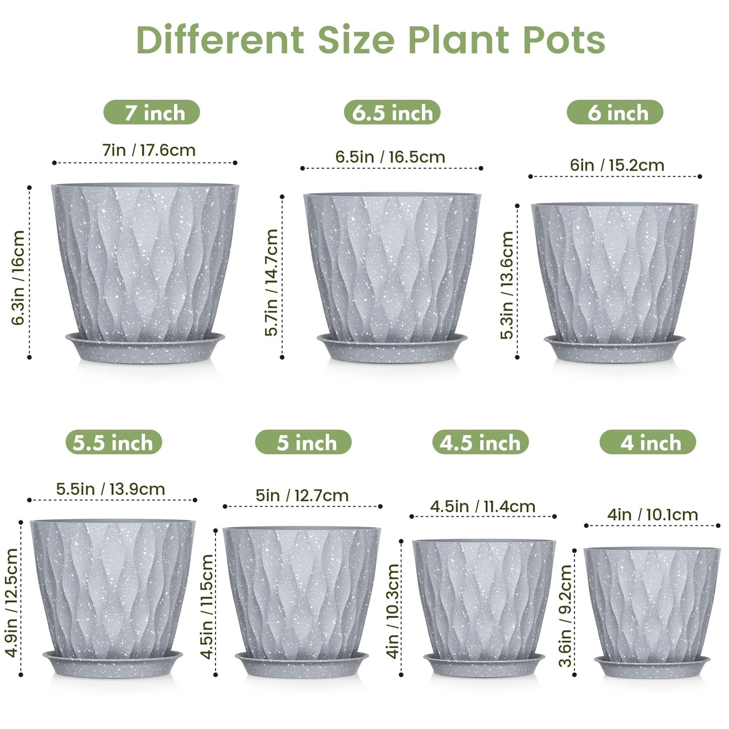 Meowell 7/6.5/6/5.5/5/4.5/4 inch Plant Pots for Indoor Outdoor Plants, 7 Pack Thick Flower Pots with Drainage Holes and Saucers, Modern Wave Texture Plastic Planters Nursery Pots, Speckled Grey