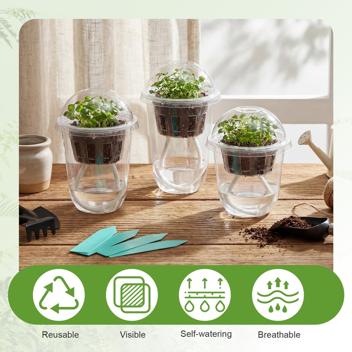 30 Packs 3.3" 4.5" Self Watering Plastic Clear Nursery Pots with Humidity Dome Seed Starter Cups Kits Hydroponic Basket Plant Labels Automatic Watering Planter for Propagation Planting Seedling