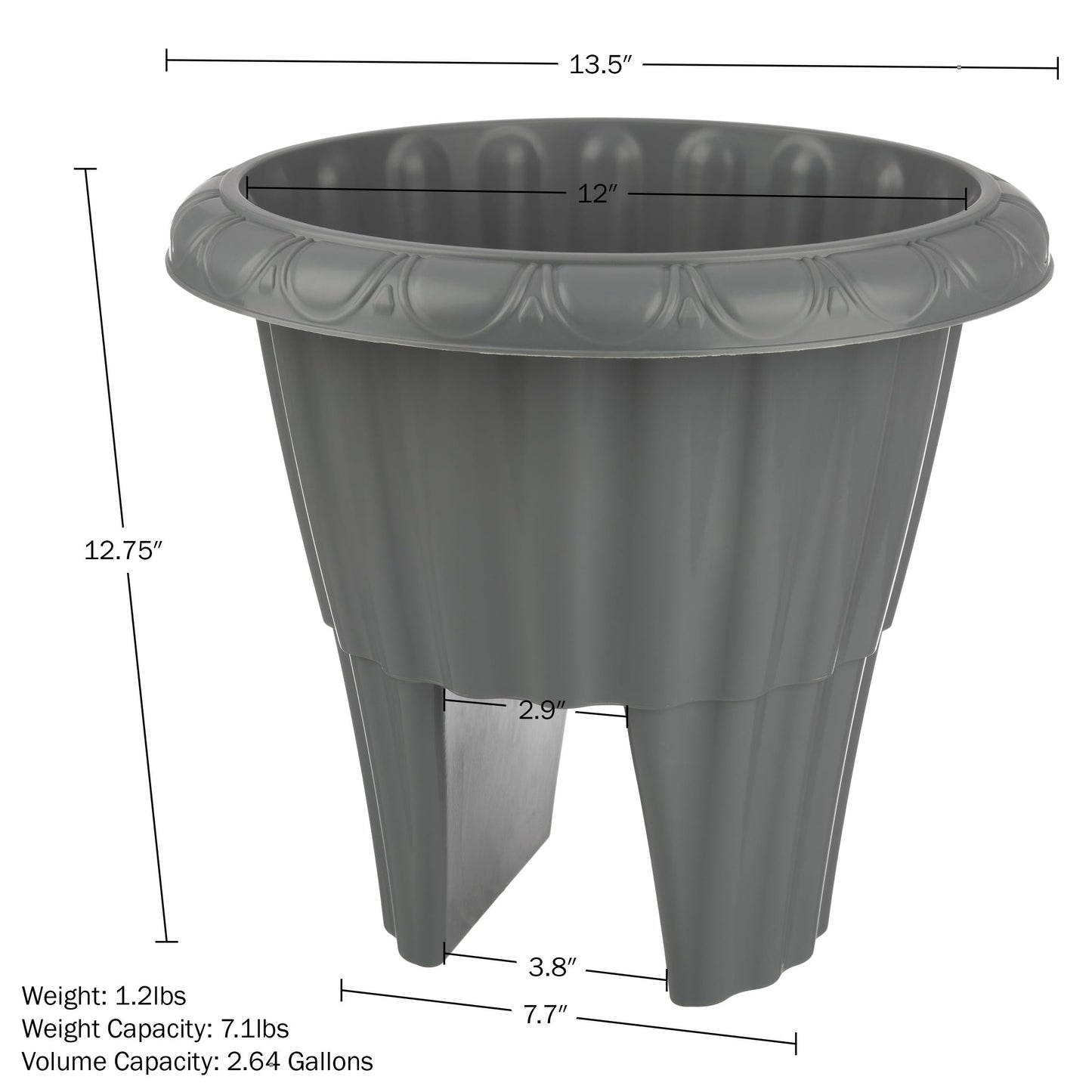Railing Planter Box 2-Pack - 13.5-Inch Round Outdoor Flower Pots with Drainage Inserts - 2.64-Gallon Outdoor Planters for Porch, Deck, Fence, or Balcony Railings 3” - 3.75” Wide by Pure Garden (Gray)