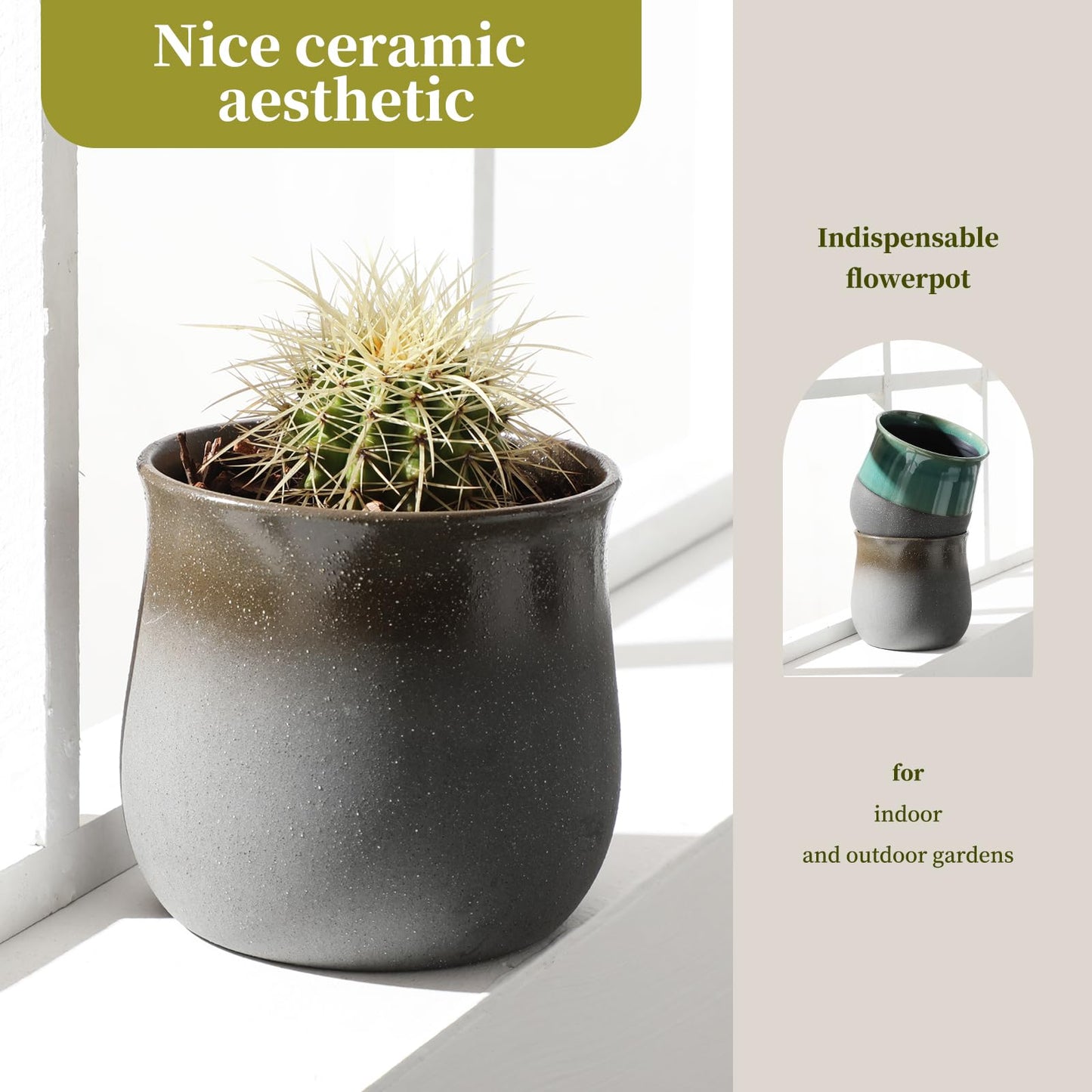 5.5 inch Ceramic Flower Pot, Indoor Outdoor Flower Planter, Grey and Black for Succulents, Cacti, Herbs, Suitable for Dried Plants and Fresh Plants