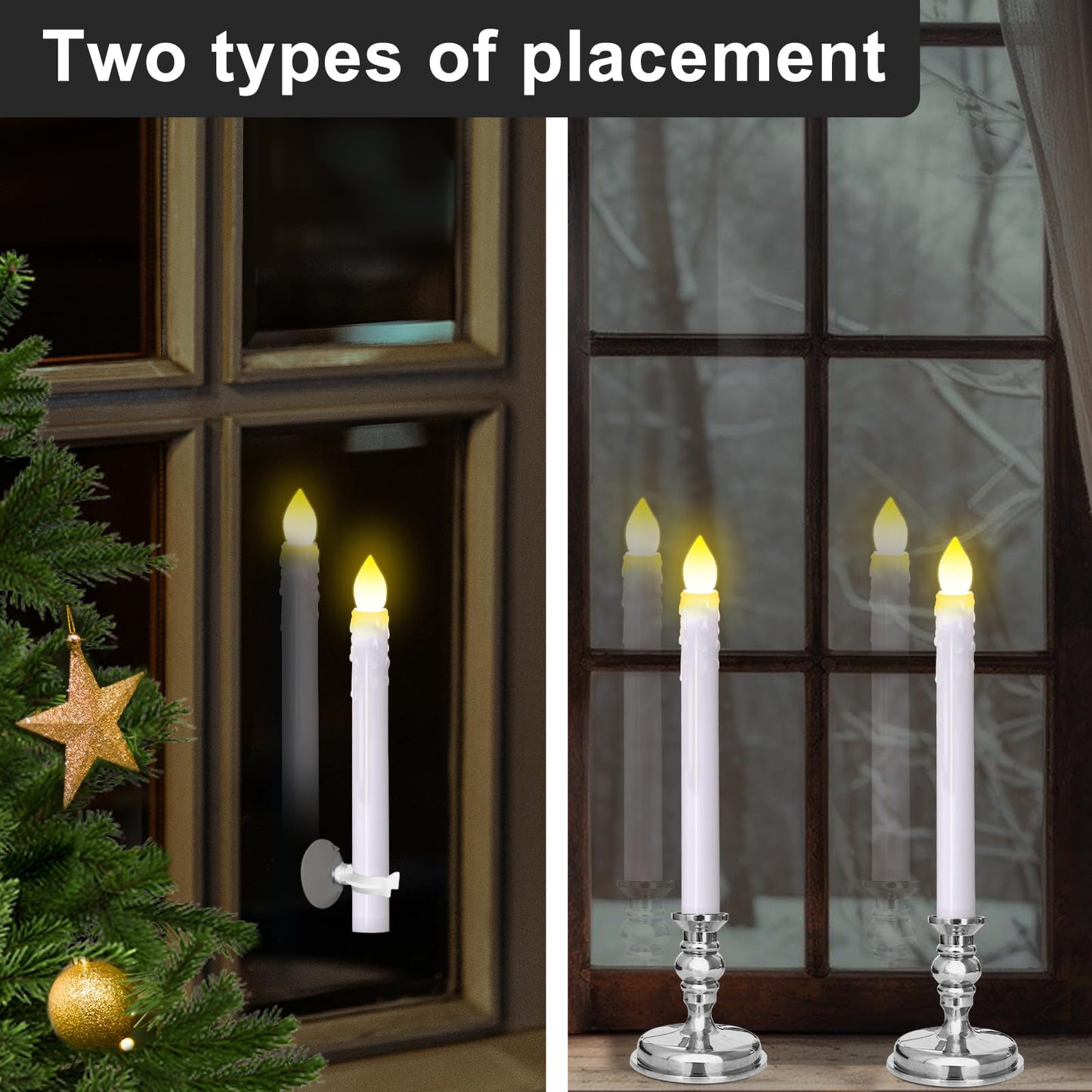 Kithouse 12 Pack Flameless LED Window Candles with Drip Texture,Removable Candle Holders,24 AAA Batteries,Daily Timer,ON/Off Remote,12 Window Suction Cups,Christmas Home Wedding Decor (Sliver)