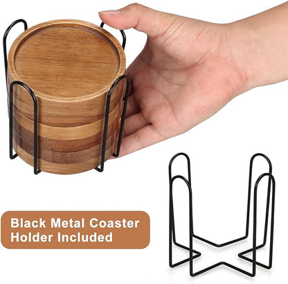 Rustic Wooden Coasters Set of 8 Farmhouse Coffee Table Decor Acacia Wood Drink Coaster with Holder Modern Outdoor Bar Cool Cup Costers Kitchen Accessories Decoration Home Dining Coasters Gift