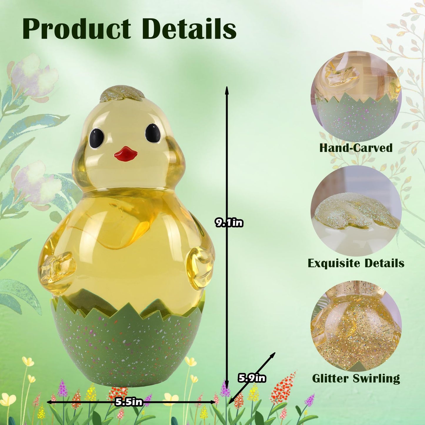 Spring Easter Chick Snow Globe Decor with Swirling Glitter, Easter Egg-Chick Snowglobe with 6H Timer, USB or Battery Operated, Easter Chick Decor for Holiday Spring Home Decor and Gift (Chick)