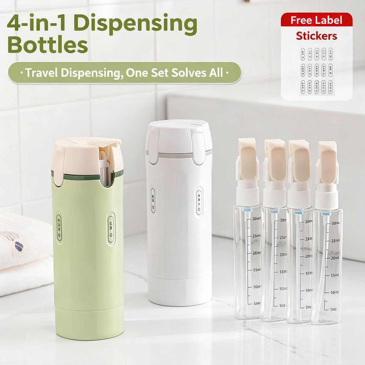4 in 1 Travel Dispenser Bottle,4 Pack 30ML Travel Bottles for Toiletries, Leak Proof Travel Size Containers (White, OneSize)