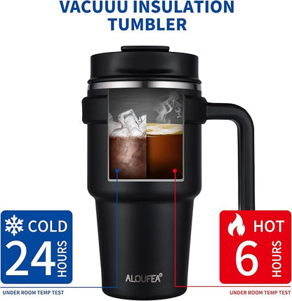 20 oz Insulated Coffee Mug Tumbler with Handle, Stainless Steel Travel Mug Tumbler with Lid and Straw,Double Wall Vacuum Leak Proof Ice Coffee Thermal Cup, Black/Rose Gold