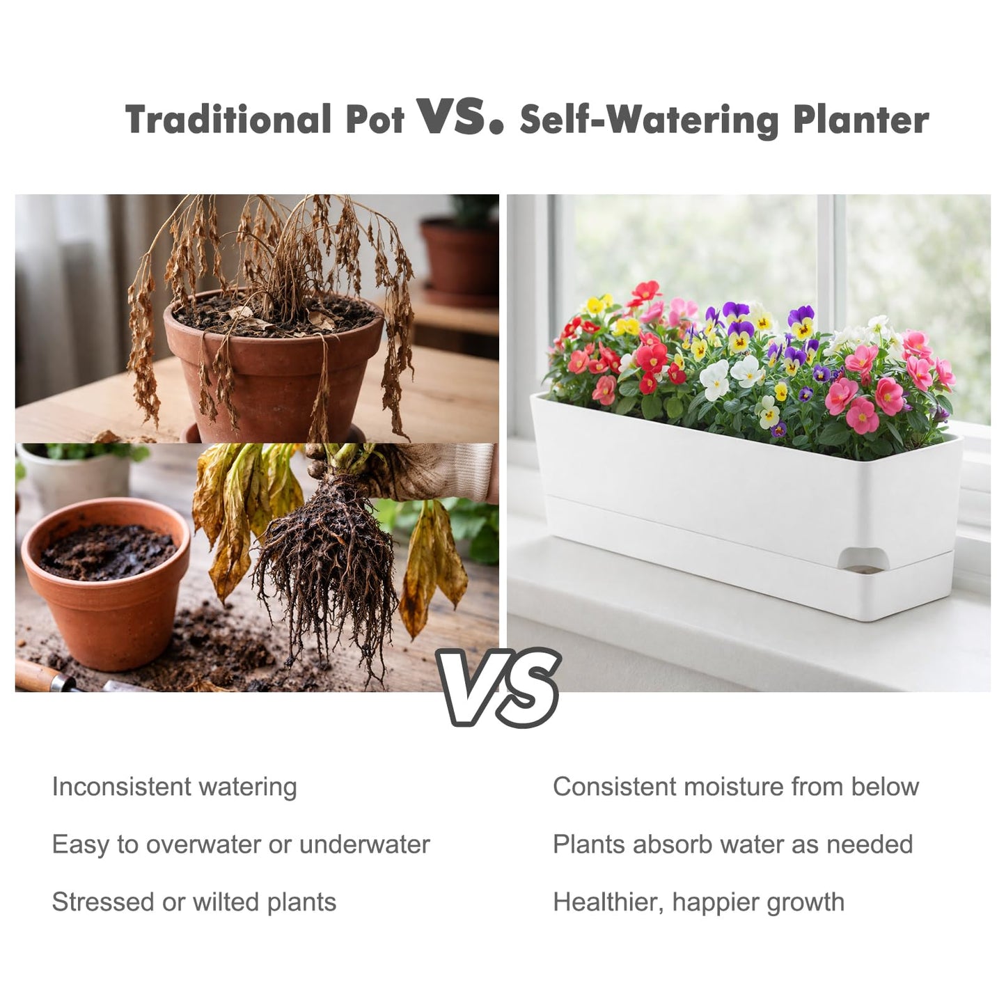 Party Zealot Window Boxes Planters, 3 Pack Self Watering Pots for Indoor Plants 17 Inch Rectangular Planter Rectangle Flower Pots Long Plant Pot Large Window Sill Herb Planter Box, White