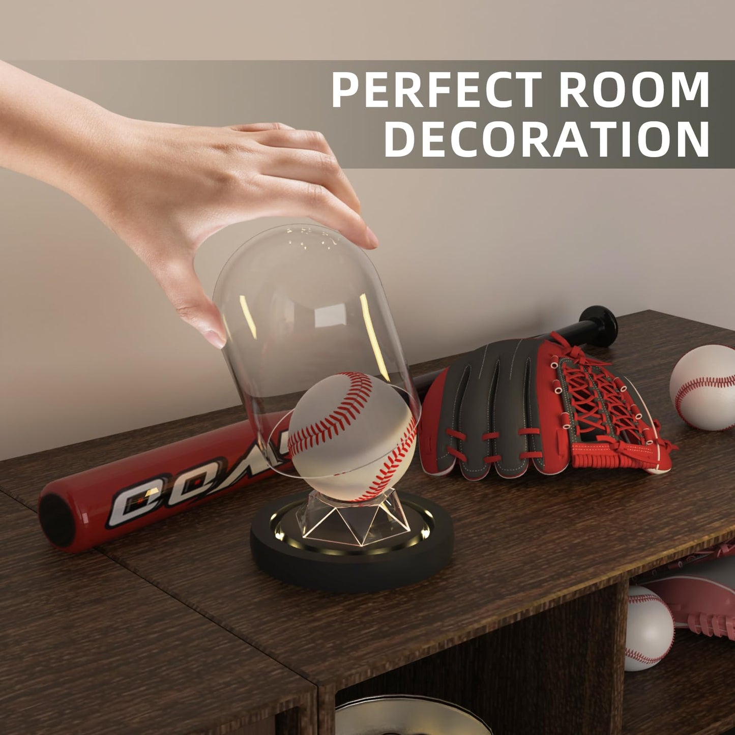 DuvinDD Baseball Display Case with LED Light Base, Glass Dome Cloche Baseball Holder for Golf Ball, Softball, Tennis Ball, Rock Collection, 4.33" D X 4.7" H, Gifts for Christmas