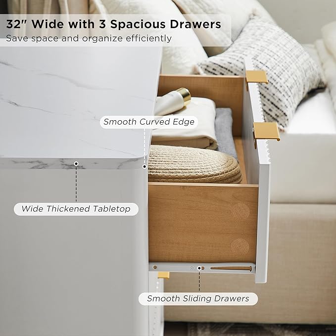 T4TREAM Fluted 3 Drawers Nightstand, Oversized Extra Large Modern Side Table