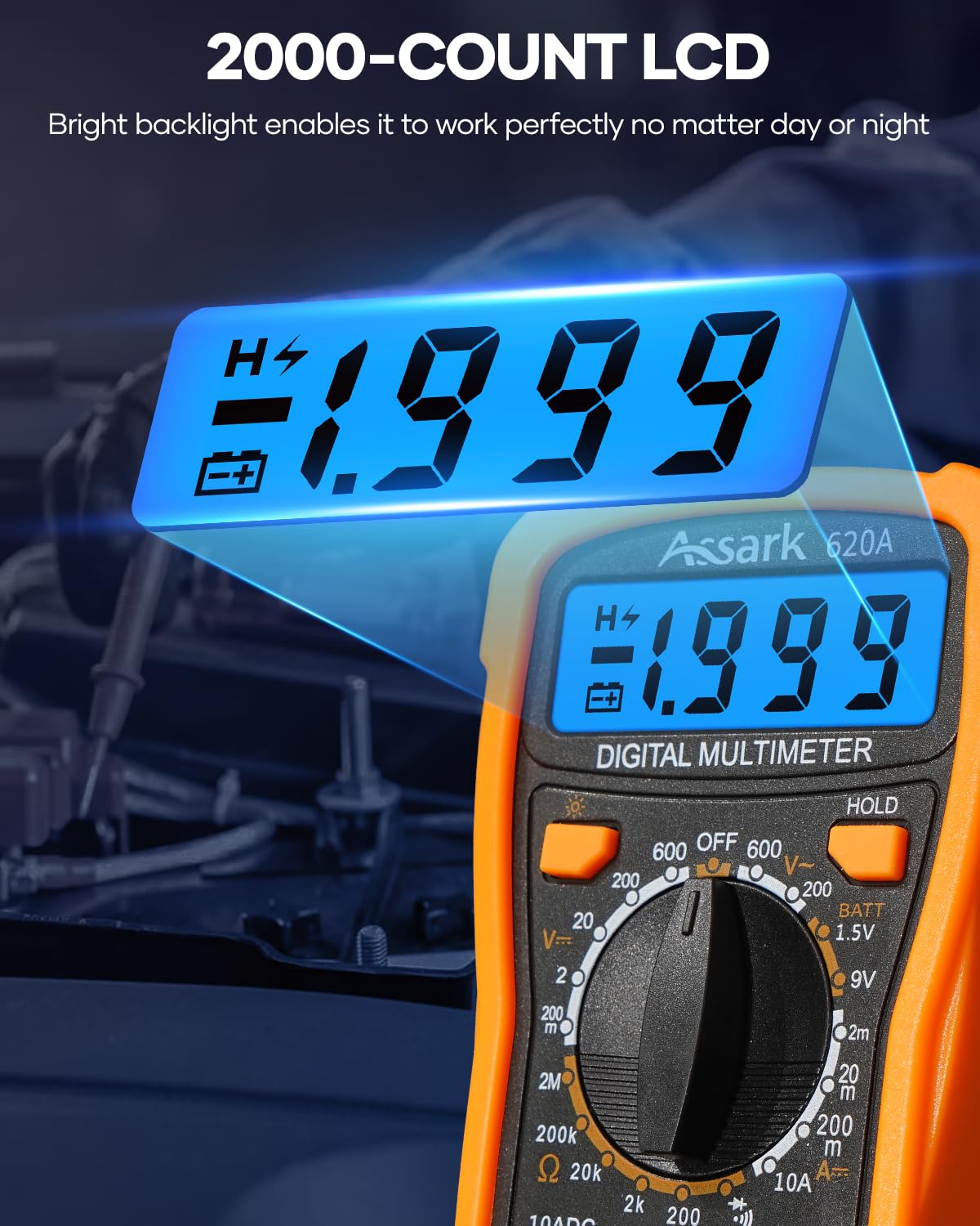Digital Multimeter Voltage Tester, Assark 2000 Counts Multimeter Measure AC DC Voltage DC Current, Meter Tester Test Volt Ohm Amp Diode Continuity, Resistance, Backlit LCD Display, Data Hold Function