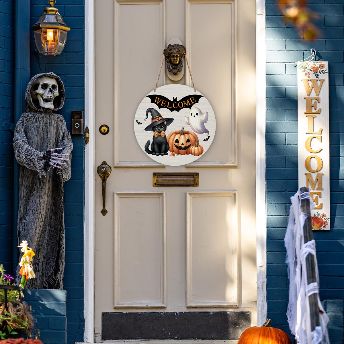 Halloween Welcome Sign, Bat Wooden Front Door Hanger Decorations, Pumpkin Ghost Signs Hanging Wall Decor for Porch Farmhouse Indoor, Halloween Party Supplies-04