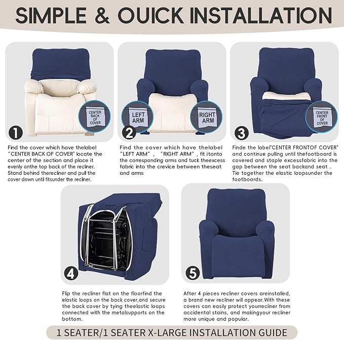 Oversized Recliner Chair Covers, 4-Piece Stretch Geometric Strokes Jacquard