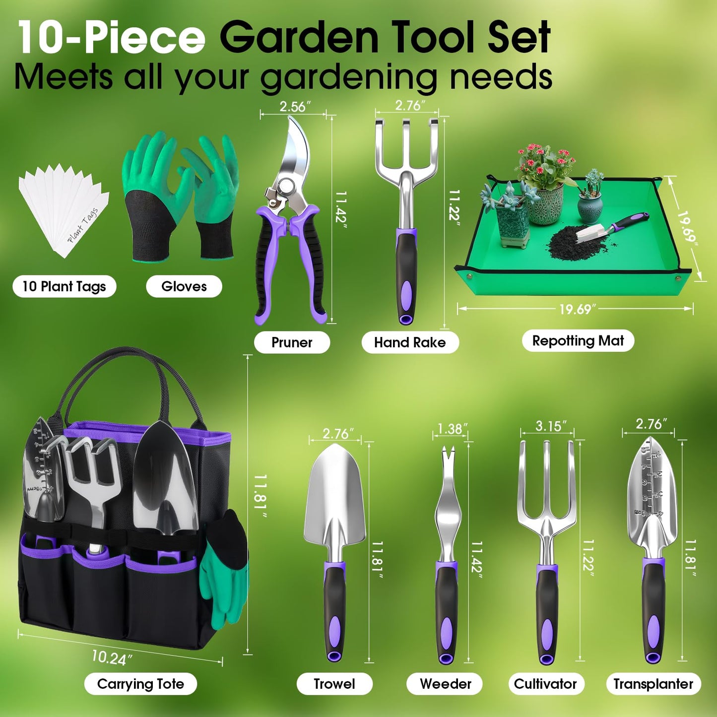 WOWBOX Garden Tools Set - 10 PCS, Heavy Duty Gardening Hand Tools Kit with Storage Tote, Rust-Resistant Gardening Supplies for Planting with Non-Slip Ergonomic Handle for Women and Men (Purple)