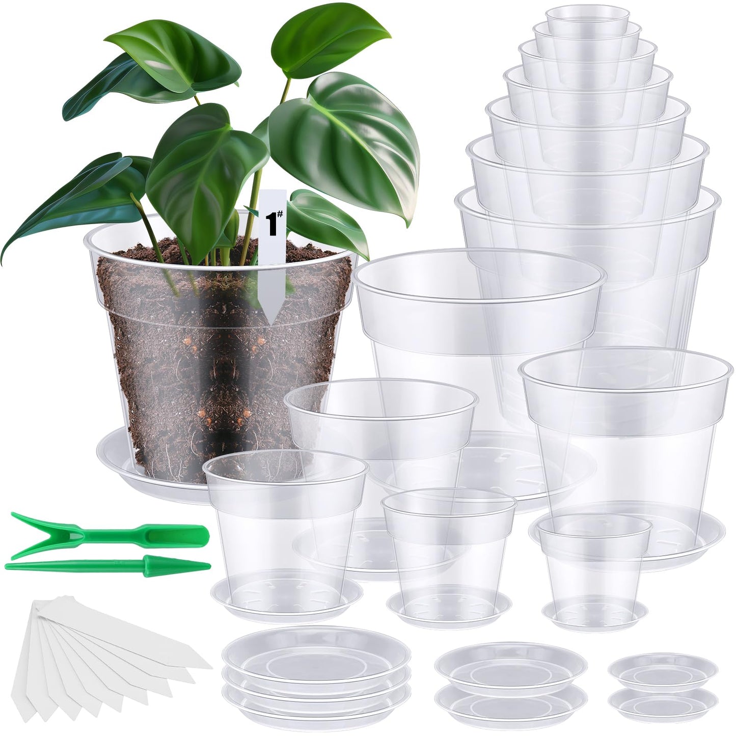 Domensi 14 Pack Large Clear Nursery Pots with Drainage 4/5/6/7/8/9/10 Inch Clear Plastic Plant Pots with Saucers Variety Flower Pot with 20 Plant Labels 2 Garden Tools for Planting Seed