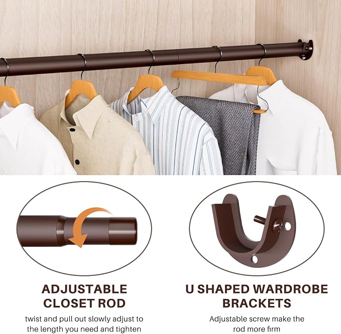 SUTINE Closet Rod - Closet Rods for Hanging Clothes, 17 to 68 inch Adjustable Closet Hanging Rod, Heavy Duty Clothes Rod Clothing Bar, Closet Poles for Hanging Clothes for Wardrobes, Shower Curtain