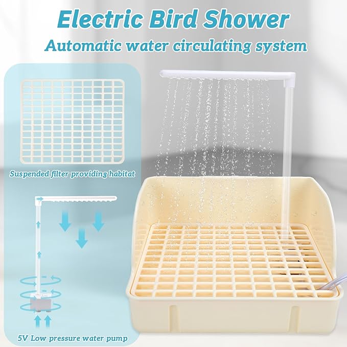 Automatic Bird Bath Fountain with Anti-Bite Cord Protector, Large Parrot Bathtub with Running Water Faucet, USB Electric Bird Shower for Parakeet, Cockatiel, Conure, African Grey, Lovebirds (Beige)