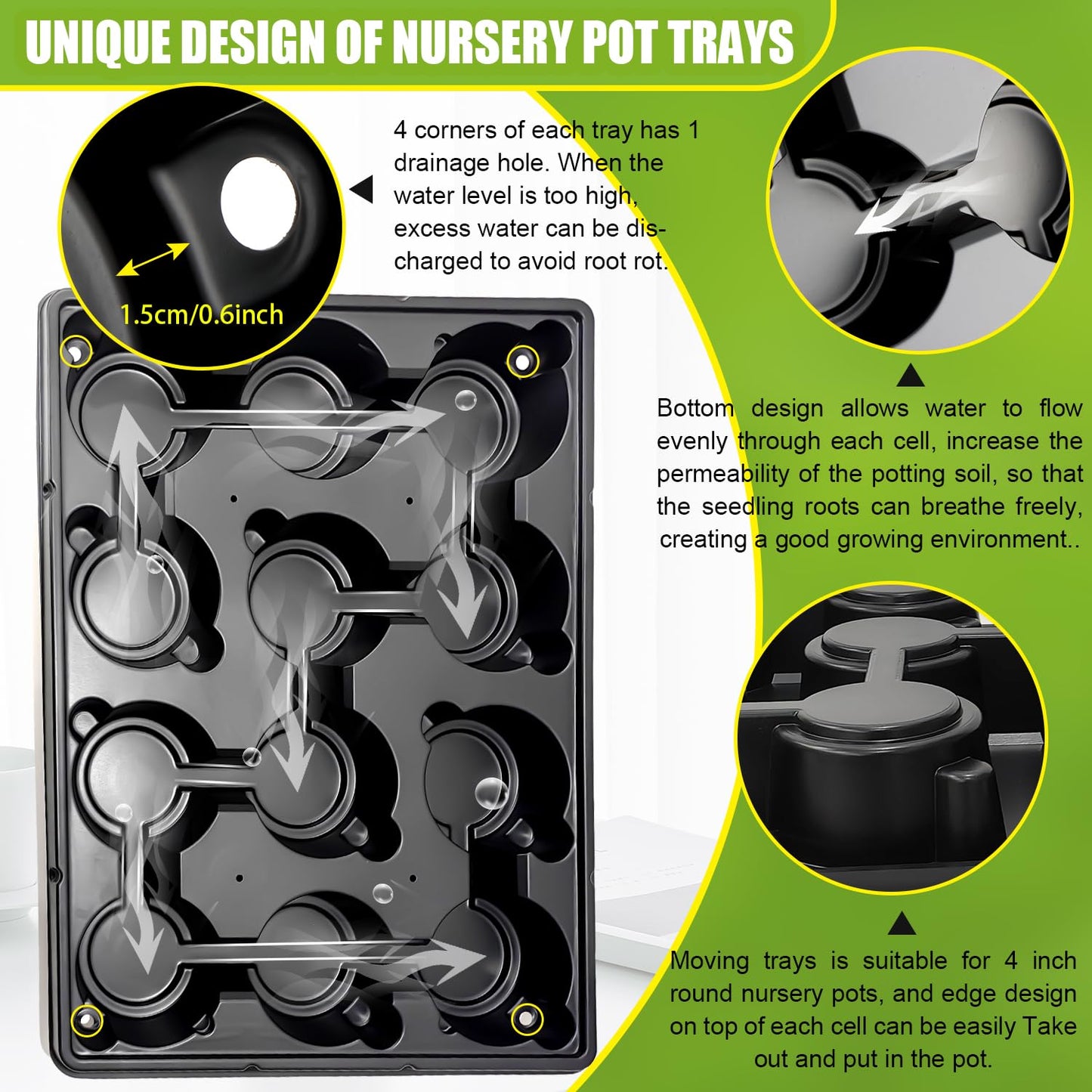 RooTrimmer 5 Pack 12 Cell Nursery Pot Trays with Adjustable Humidity Domes & 4 Inch Clear Pots 60 Pack, Sturdy Seed Starting Kit for Greenhouse Garden, Reusable Plant Growing Germination 5 Sets