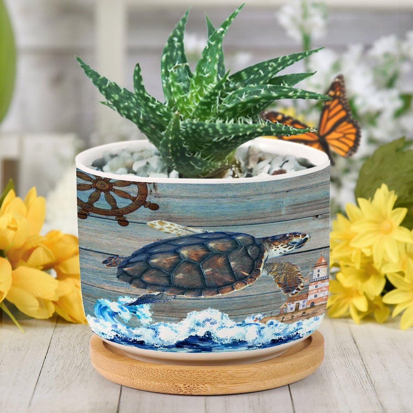 DreamAutumn Ocean Theme Sea Turtle Ceramic Pots for Plants with Drainage Holes Round Flower Pot Bamboo Tray Orchid Pot Succulents Pots for Outdoor Indoor Plants,Housewarming Gifts