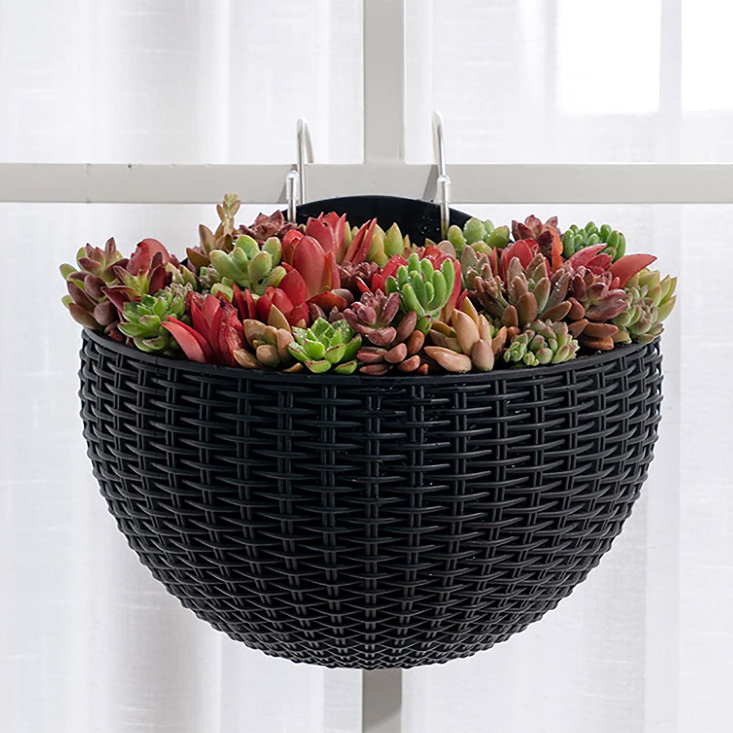 Hanging Planter Pot, Wall and Railing Hanging Planters with S Hooks, Half Round Imitation Rattan European Style Wall Flowerpot Rustic Decorative Flower Basket for Home Balcony Garden(#26*20.5cm Green)