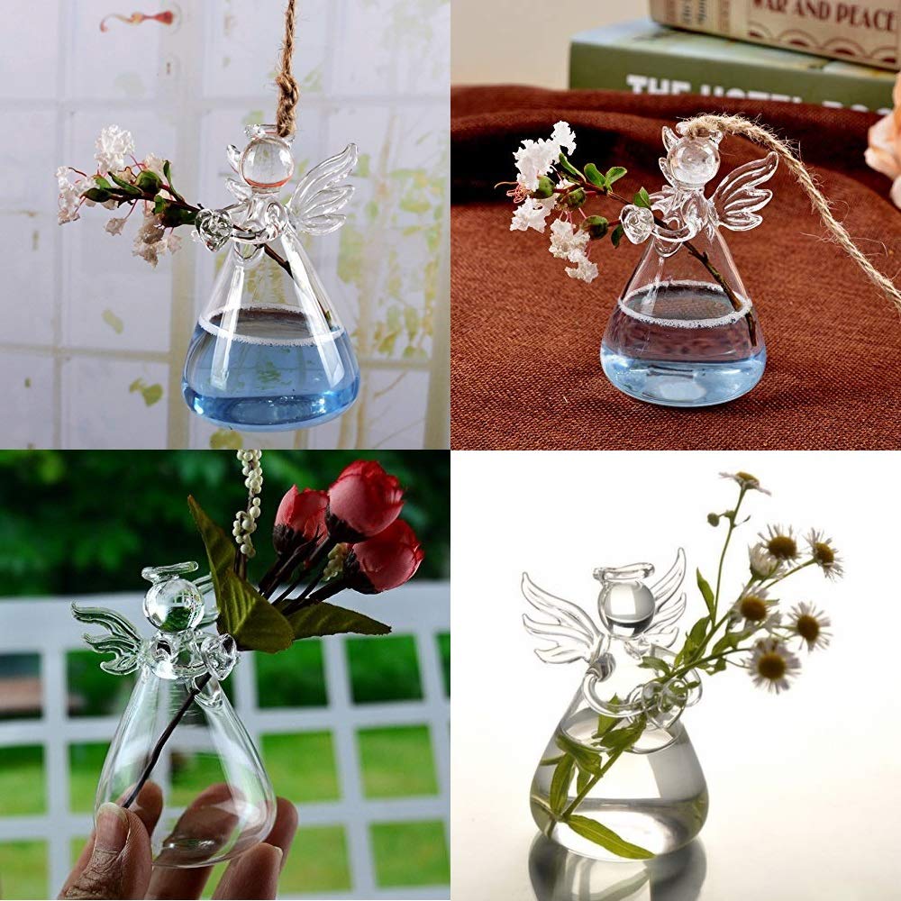 Sziqiqi Clear Glass Guardian Angel Vases Bulk for Hanging Vases for Buds Cuttings Greenery Hydroponic Plant Containers Room Ornaments Bautizo Decorations 3.5inch/4Pcs