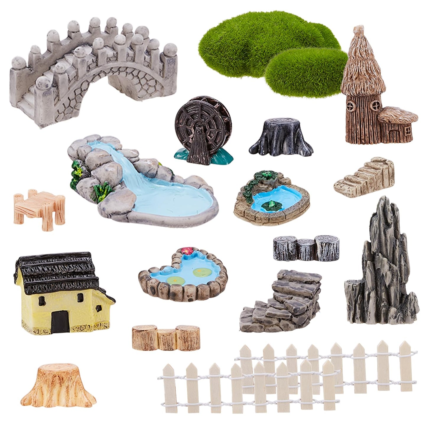 VerdantVibes 21-Piece Fairy Garden Kit with Mini Bridge, Waterwheel & Tree Stump Piers - Woodland Pond Decor Set for DIY Craft, Indoor/Outdoor Garden Accessories