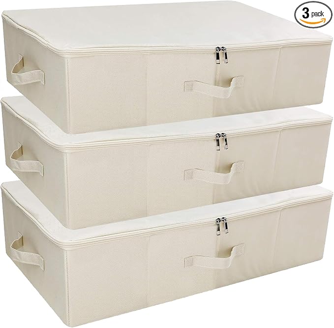 iwill CREATE PRO 3Pcs Collapsible Rigid Underbed Storage Bins, 27.5 * 15.7 * 7", Folding Fabric Storage Boxes for Clothing, Blankets, Shoes in Closet, Wardrobe, Beige