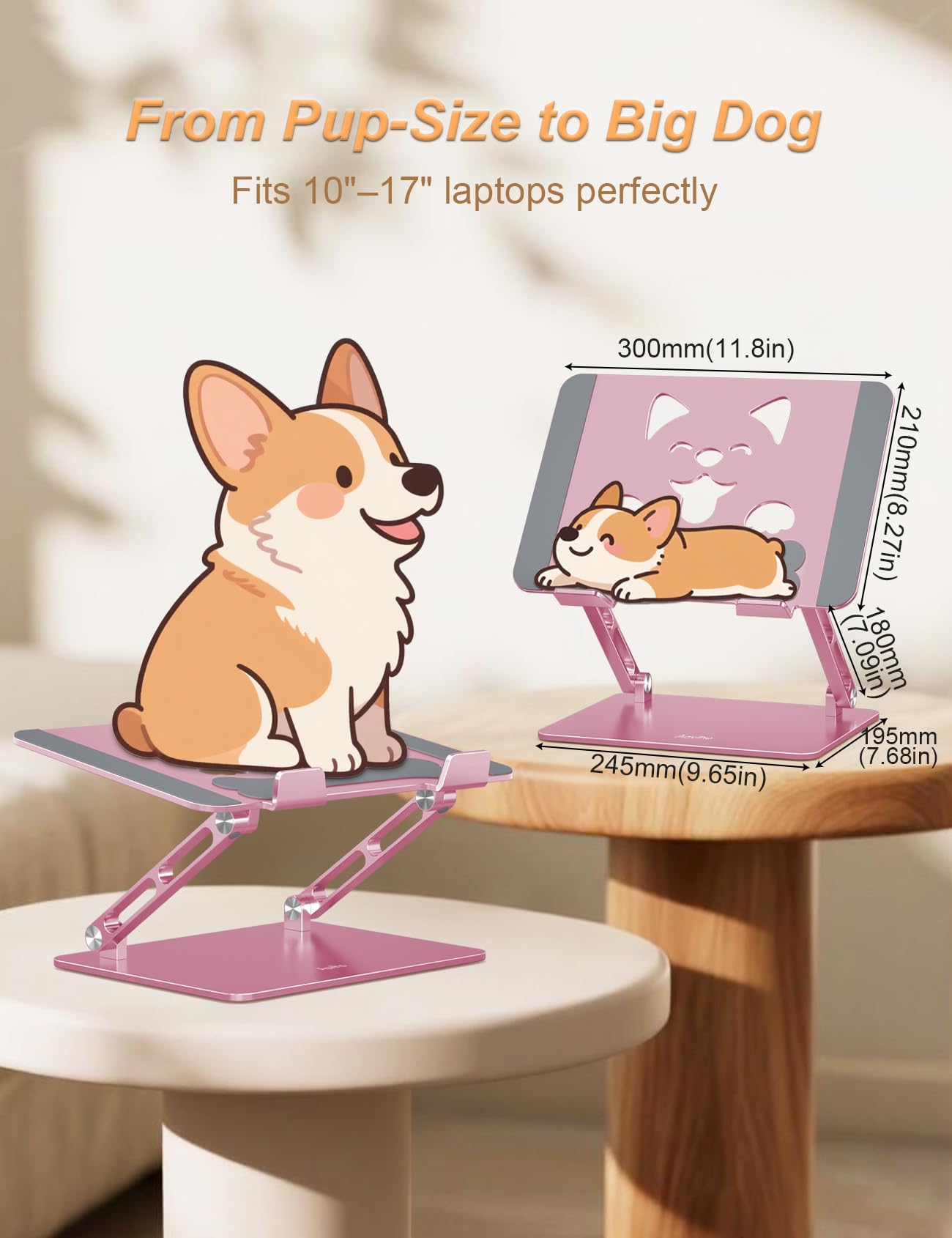 Aoviho Laptop Stand For Desk-Adjustable, Foldable, Portable, Ergonomic Aluminum Notebook Riser with Unique Puppy Cooling Vent, Desk Gift for 10"-17.3" Devices Mac, Dell, HP, Lenovo, Samsung, Rose Gold