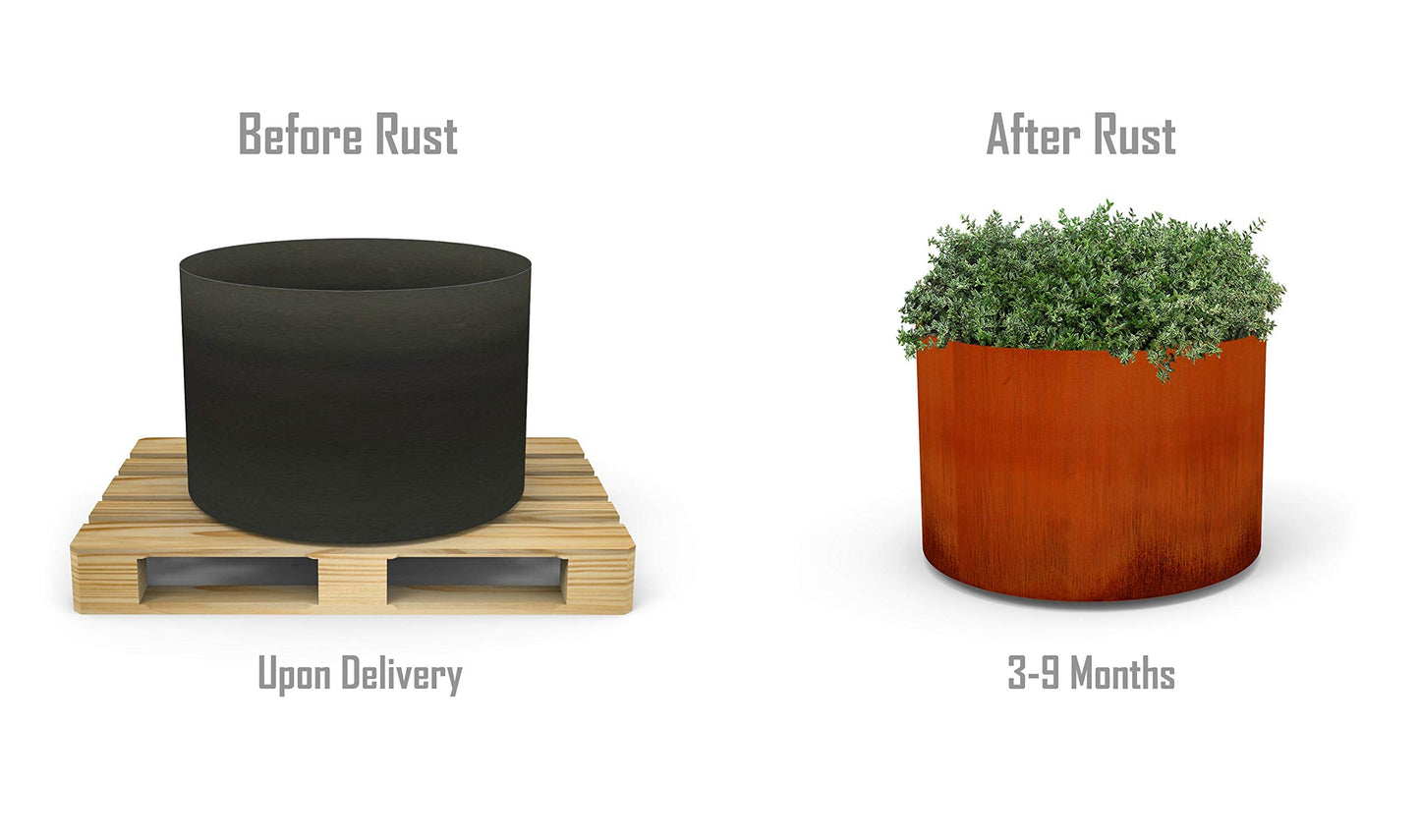 PLANTERCRAFT Corten Steel Metal Planter Box, Round Sizes, Modern Garden Steel planters for Commercial and Residential Outdoor Use.