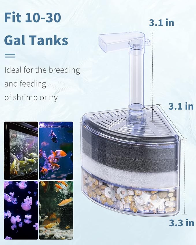 Pawfly Aquarium Corner Sponge Filter Quiet Betta Fry Shrimp and Small Fish Bio Foam Filter with Natural Stones Gravels and Ceramic Rings for Fish Tanks up to 30 Gallons (Air Pump Not Included)