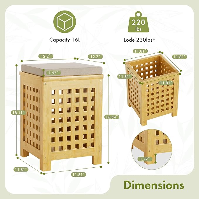 Bamboo End Table with Removable Cushion and Hidden Storage, 2-in-1 Ottoman Side