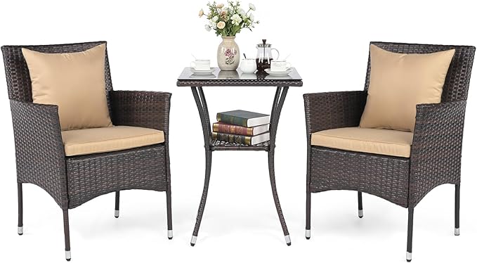 Tangkula 3 Pieces Patio Wicker Bistro Set, 2 Rattan Chairs w/ 2-Tier Tempered