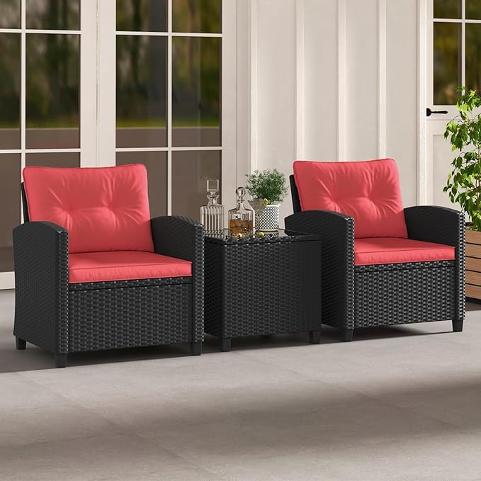 HAPPYGRILL 3 Pieces Wicker Patio Conversation Set, PE Rattan Bistro Sofa Set