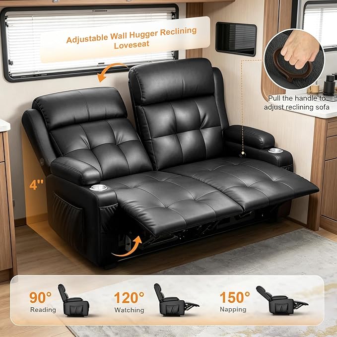 Reclining Loveseat, 55.1" RV PU Leather Wall Hugger Recliner Love Seats Sofa