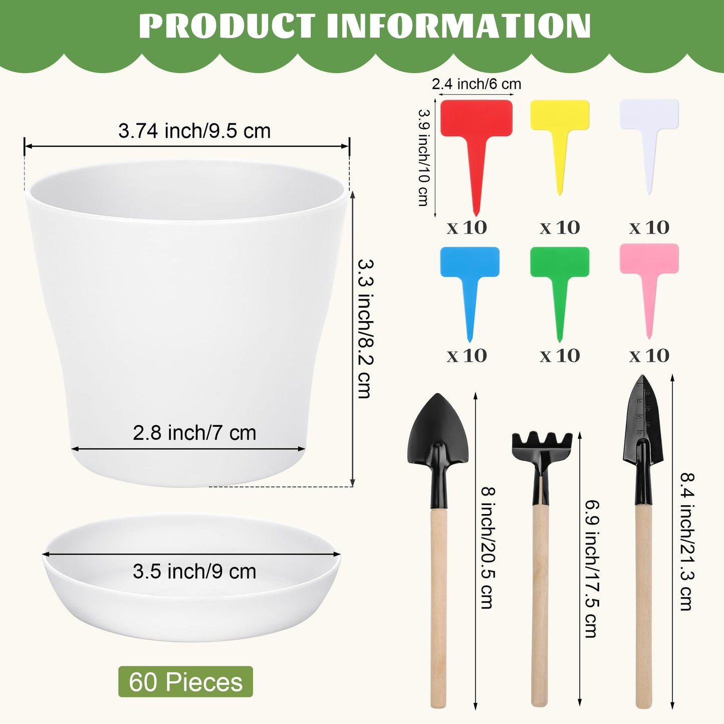 Hahood 60 Pieces White Plastic Planters 4 Inch Flower Pot with Trays Labels Plant Pots Plants Nursery Pot Flower Seedling Nursery Pots for Indoor Outdoor Plant, Herb, Succulent