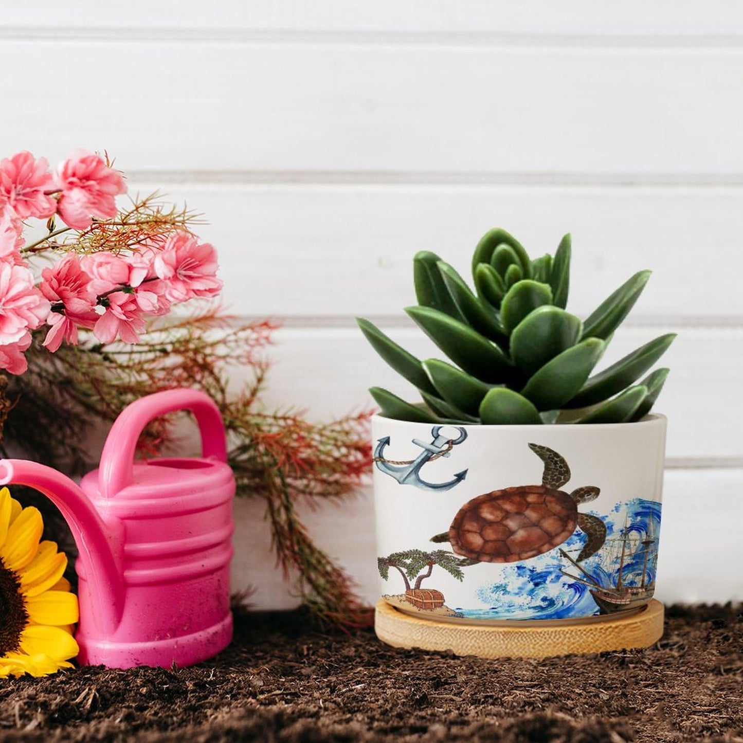 DreamAutumn Ocean Theme Sea Turtle Ceramic Pots for Plants with Drainage Holes Round Flower Pot Bamboo Tray Orchid Pot Succulents Pots for Outdoor Indoor Plants,Housewarming Gifts
