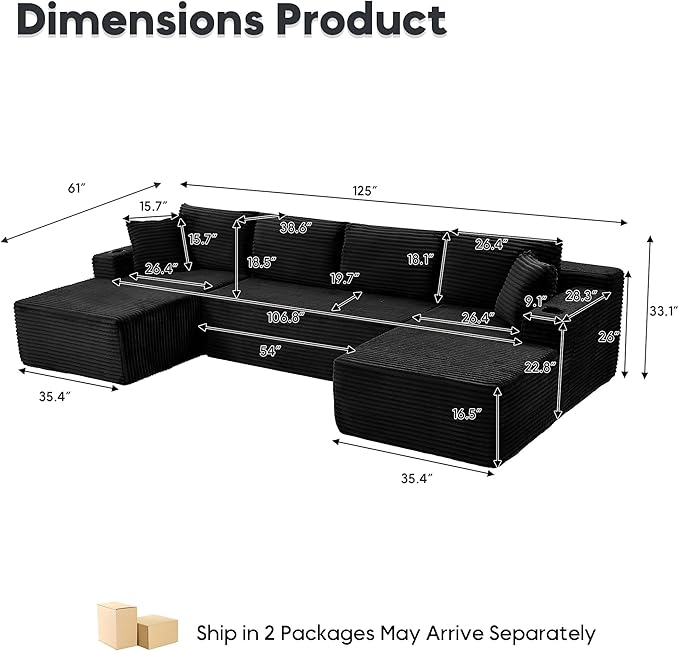 125 Inch Modular Sectional Sofa, Cloud Couch Oversized U Shaped Corduroy Sofa