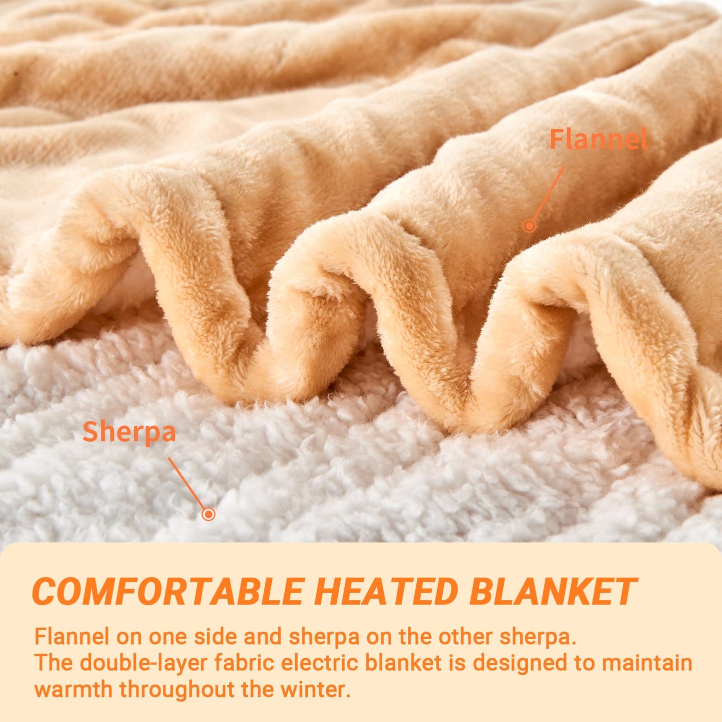 Electric Blanket Heated Throw, Soft Flannel Heating Blanket with 8 Hours Auto Off 10 Fast Heating Levels Machine Washable Sherpa Heated Blanket with Overheating Protection