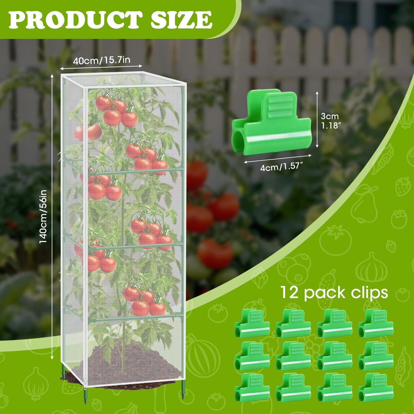 3Pack Garden Bird Netting Plant Cover for Square Tomato Cage,55.1"x15.7" Insect Bird Barrier Tomato Cage Net with Zipper&12pcs Clips,Tomato Trellis Netting Protection Mesh Cover for Protecting Plants
