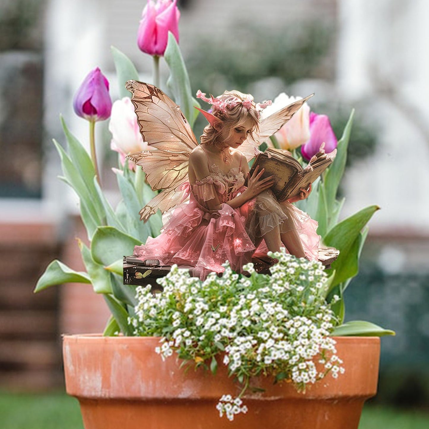 ANNUOZE Fairy Garden Stake Decor, 2D Flat Acrylic Fairy Garden Decor Panel, Elf Yard Sign for Outdoor Indoor Yard Lawn Plants Pots, Fairy Backyard Accessories (Pink Fairy Reading a Book)