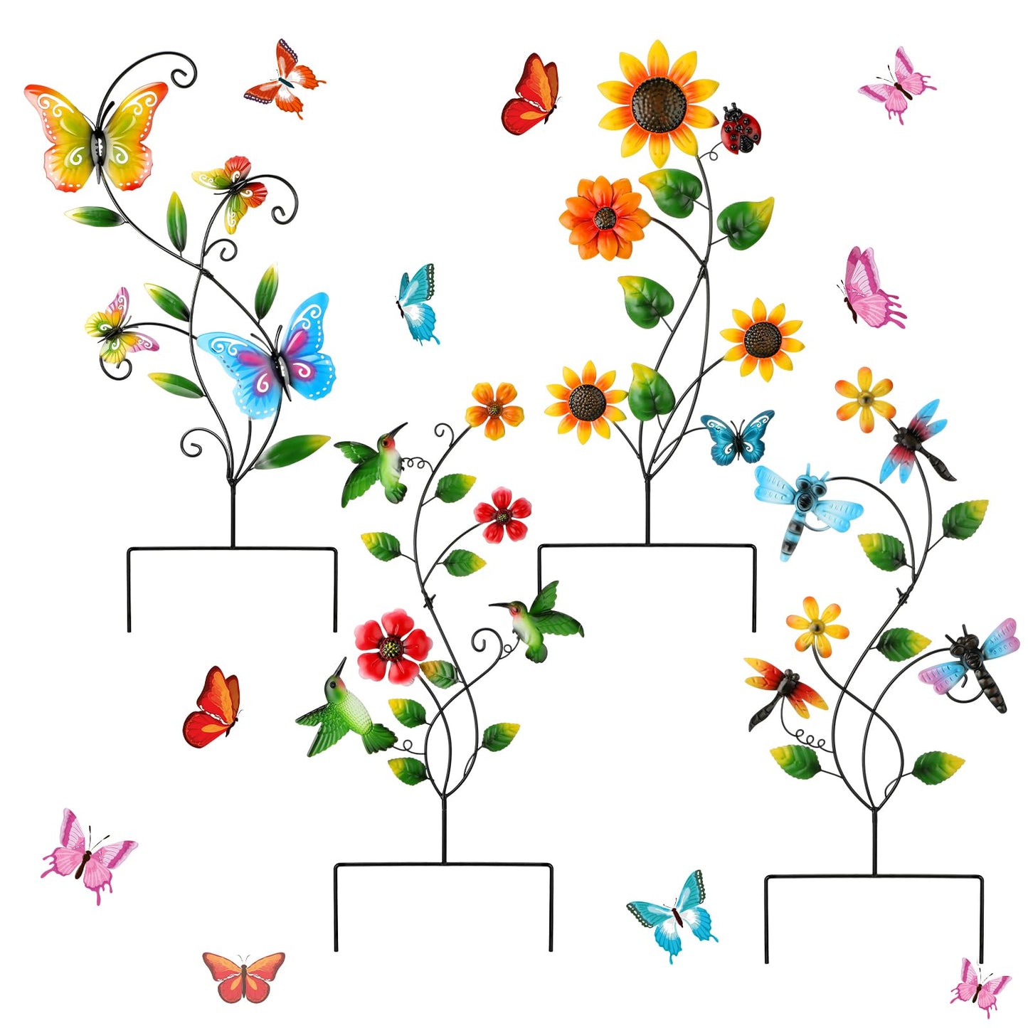 Menkxi 4 Pcs Butterfly Metal Garden Stakes Hummingbird Sunflower Dragonfly Flowers Garden Stake Decor Metal Wall Decor Trellis for Climbing Plants Outdoor Spring Art Housewarming Gift, 4 Styles